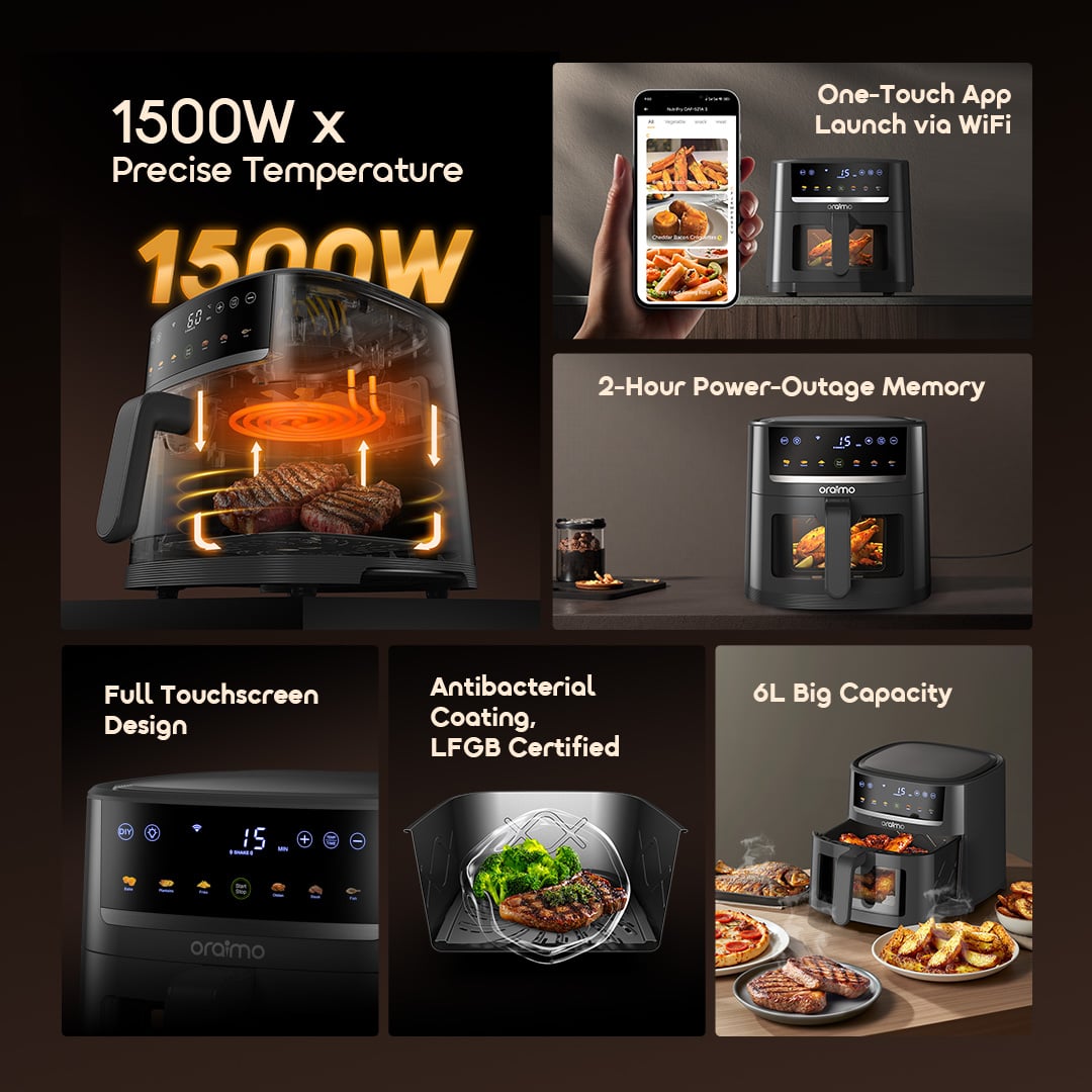 Picture of oraimo Digital Air Fryer 5L (OAF-521A) - Healthy Oil-Free Multi-Cooker - 360° Hot Air Circulation Technology - High Power Oven