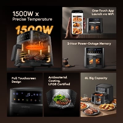 Picture of oraimo Digital Air Fryer 5L (OAF-521A) - Healthy Oil-Free Multi-Cooker - 360° Hot Air Circulation Technology - High Power Oven