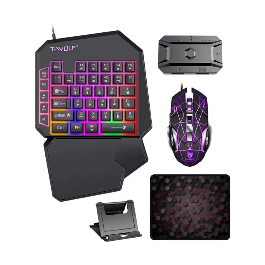 Picture of T-WOLF TF950 5 In 1 Black Wired Keyboard, Mouse, Mouse pad, Converter & Phone Holder Gaming Combo