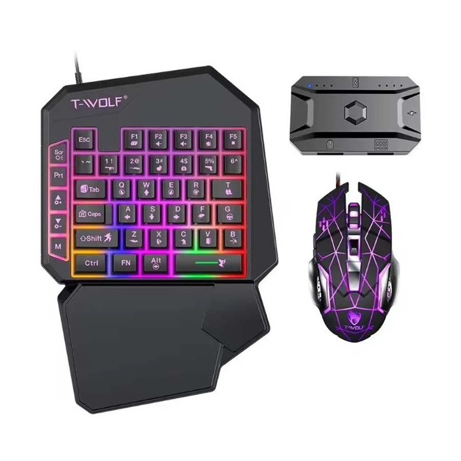 Picture of T-WOLF TF950 5 In 1 Black Wired Keyboard, Mouse, Mouse pad, Converter & Phone Holder Gaming Combo