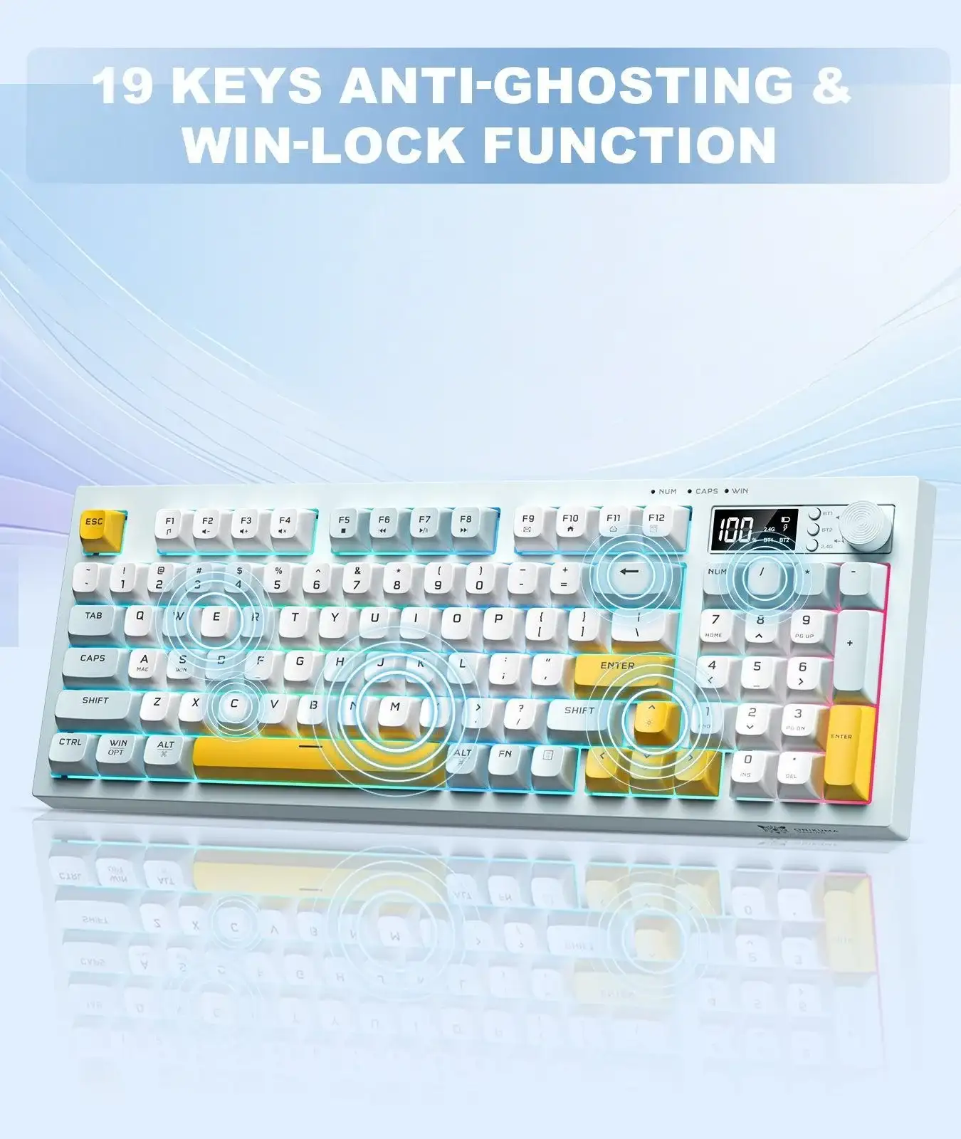 Picture of Onikuma G80 Tri Mode RGB Grayish Blue (Gray+White+Yellow Key) Gaming Keyboard