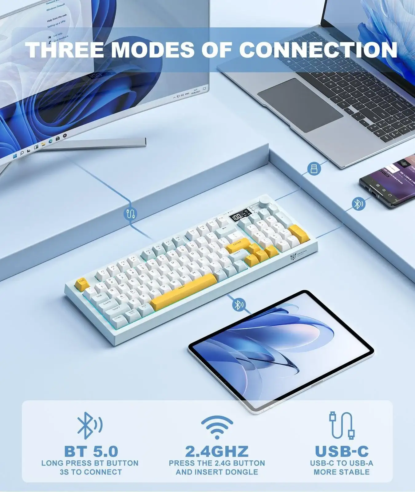 Picture of Onikuma G80 Tri Mode RGB Grayish Blue (Gray+White+Yellow Key) Gaming Keyboard
