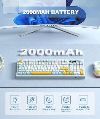 Picture of Onikuma G80 Tri Mode RGB Grayish Blue (Gray+White+Yellow Key) Gaming Keyboard