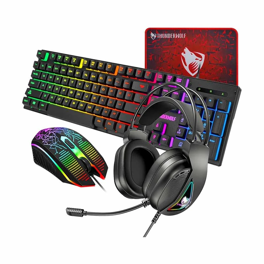Picture of T-WOLF TF400 4 In 1 Black Wired Keyboard, Mouse, Headphone & Mouse Pad Gaming Combo