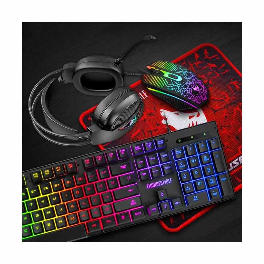 Picture of T-WOLF TF400 4 In 1 Black Wired Keyboard, Mouse, Headphone & Mouse Pad Gaming Combo