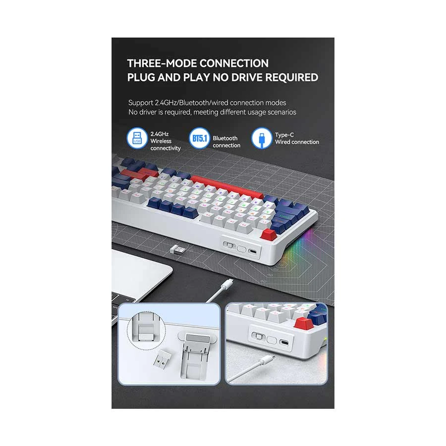 Picture of T-WOLF T78 RGB Tri Mode (Red Switch) White Mechanical Gaming Keyboard