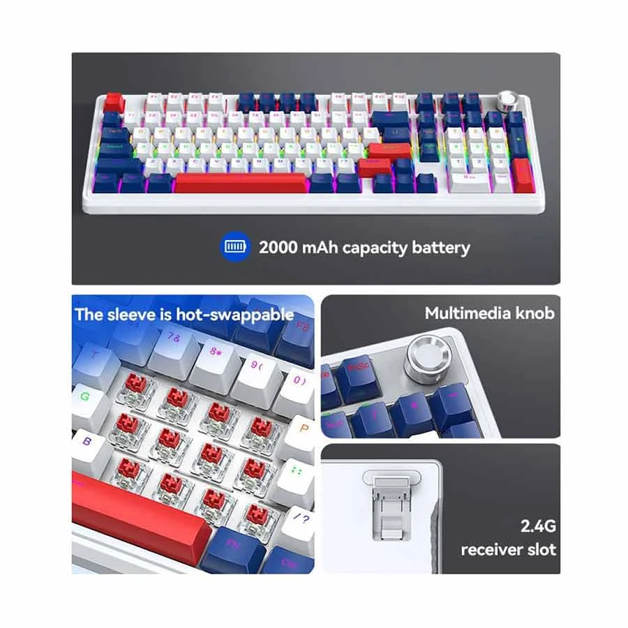 Picture of T-WOLF T78 RGB Tri Mode (Red Switch) White Mechanical Gaming Keyboard