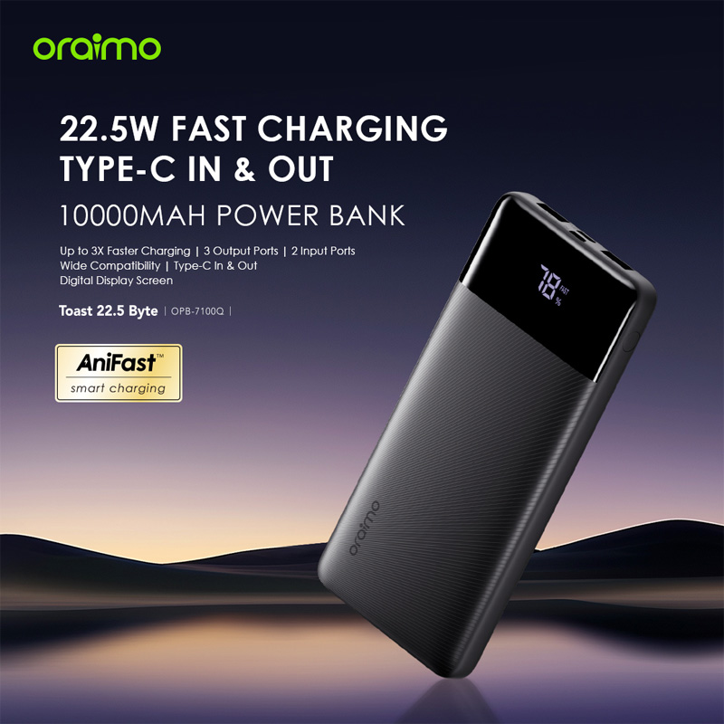 Picture of Oraimo TOAst 22.5 Byte 10000mAh 22.5W Speed Black Power Bank with Digital Display #OPB-7100Q