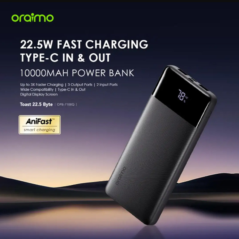 Picture of Oraimo TOAst 22.5 Byte 10000mAh 22.5W Speed Black Power Bank with Digital Display