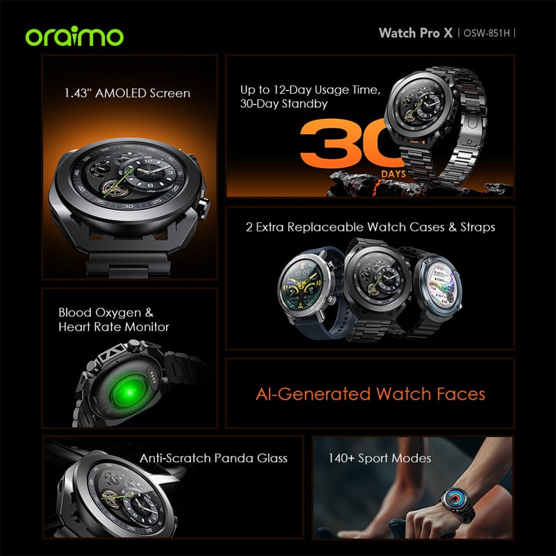 Picture of oraimo Watch Pro X 1.43'' Amoled IP68 Smart Watch with 2 Replaceable Watch Cases & Straps (OSW-851H)
