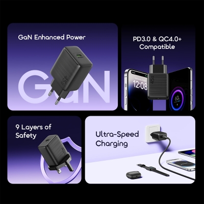 Picture of oraimo PowerGaN 451 45W Gan Ultra Fast Wall Charger   Oraimo CAKT Fast Type-C Charger Adapter EU ( OCW5451ECC )- Black