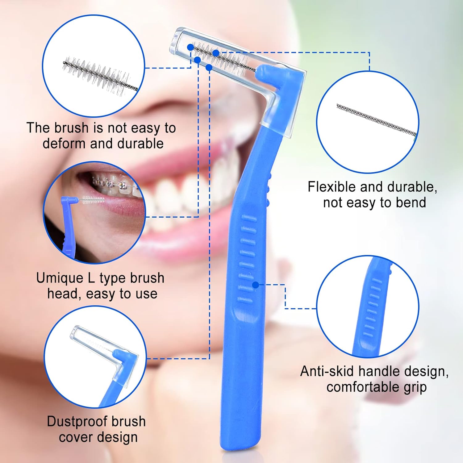 Picture of L Shaped Interdental Brushes for Between Teeth and Gums,5pcs Angle Interdental Brushes, Brush Micro Tight Cleaner, Plaque Removal, 6 Sizes(Blue), 5pcs Angle Interdental Brushes, L Shaped Interde (healthproo) Multicolor