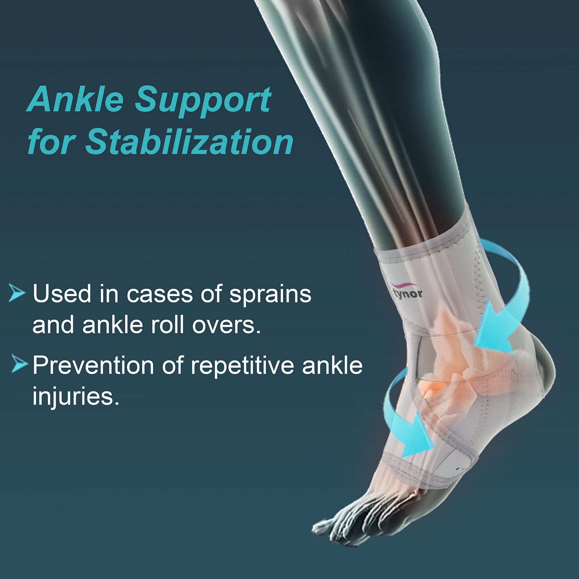 Picture of Tynor Ankle Support (Neoprene) is designed to give support, compression and controlled immobilization to weak or injured ankle. The stabilizing splint, supports the ankle where it is most needed, to prevent an ankle injury. it can be used in high impact-h Grey