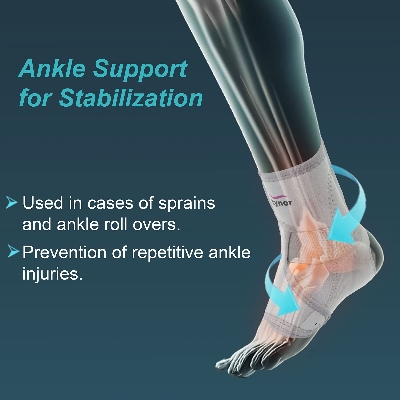 Picture of Tynor Ankle Support (Neoprene) is designed to give support, compression and controlled immobilization to weak or injured ankle. The stabilizing splint, supports the ankle where it is most needed, to prevent an ankle injury. it can be used in high impact-h Grey