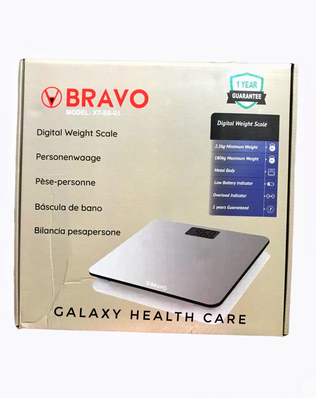 Picture of BRAVO Stainless Steel Digital Body Weight Bathroom Scale Step-On Technology Large Blue LCD Backlight Display, 400, Grey, 12x12 Inch (Pack of 1) Multicolor