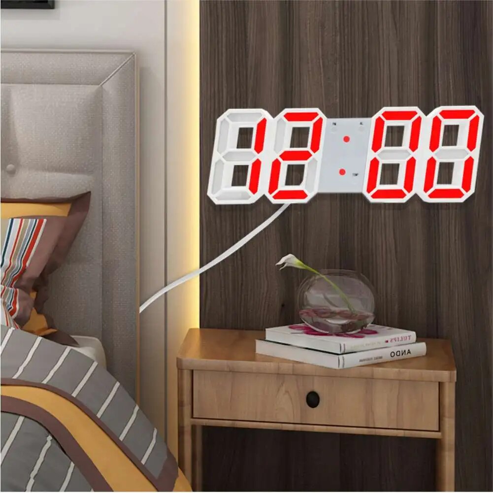 Picture of ​3D Wall Clock Digital Alarm Modern Kitchen Electronic Smart USB Power Supply LED Time Date Temperature Display Desktop Bedroom Multicolor