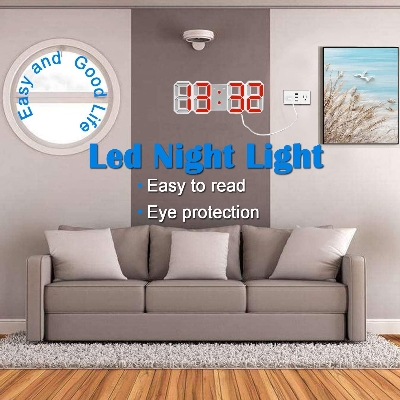 Picture of ​3D Wall Clock Digital Alarm Modern Kitchen Electronic Smart USB Power Supply LED Time Date Temperature Display Desktop Bedroom Multicolor