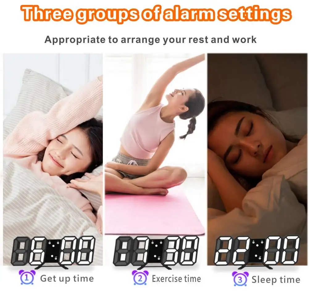 Picture of ​3D Wall Clock Digital Alarm Modern Kitchen Electronic Smart USB Power Supply LED Time Date Temperature Display Desktop Bedroom Multicolor
