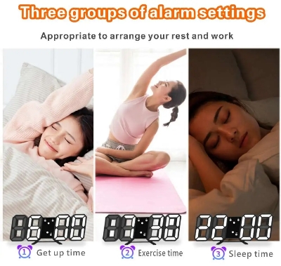 Picture of ​3D Wall Clock Digital Alarm Modern Kitchen Electronic Smart USB Power Supply LED Time Date Temperature Display Desktop Bedroom Multicolor