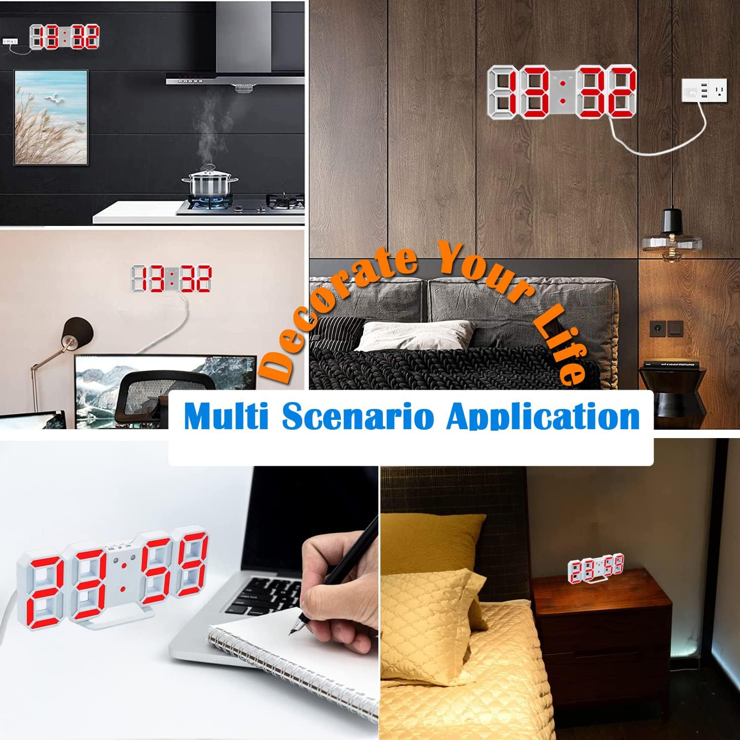 Picture of ​3D Wall Clock Digital Alarm Modern Kitchen Electronic Smart USB Power Supply LED Time Date Temperature Display Desktop Bedroom Multicolor