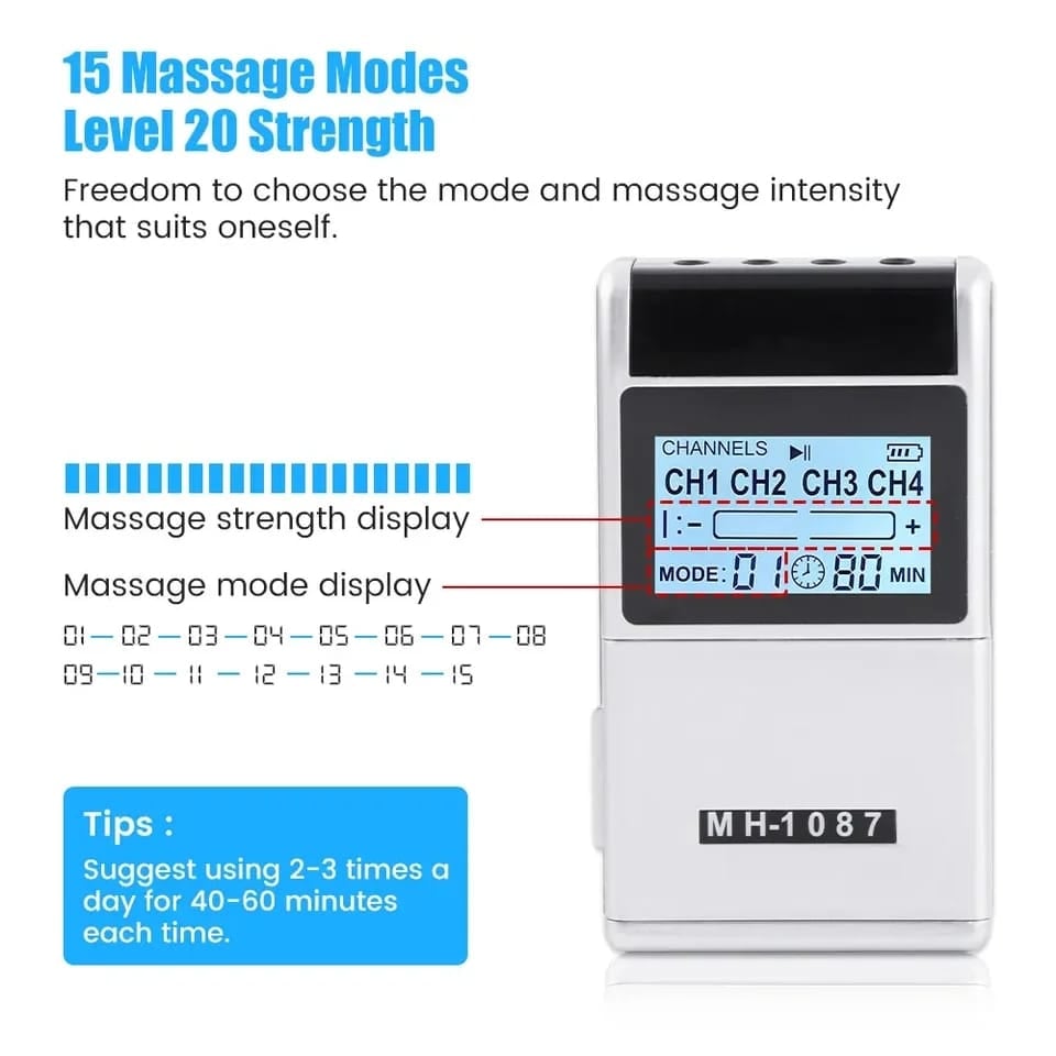 Picture of 15 Modes 4 Output Channel PMS Eletric Professional Muscle Stimulation Physiotherapy Tens Electrodes Machines Body Massager Pads-Health proo Multicolor