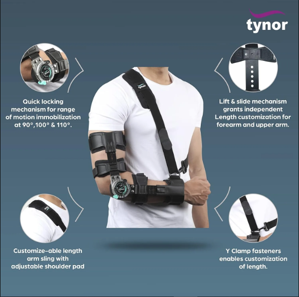 Picture of Tynor ROM Elbow Brace, with Adjustable Range of Motion | Support Elbow Injuries, Post-Surgery Recovery, Stabilizing Arm Brace for Pain Relief & Joint Protection Universal Size-Healt Proo 