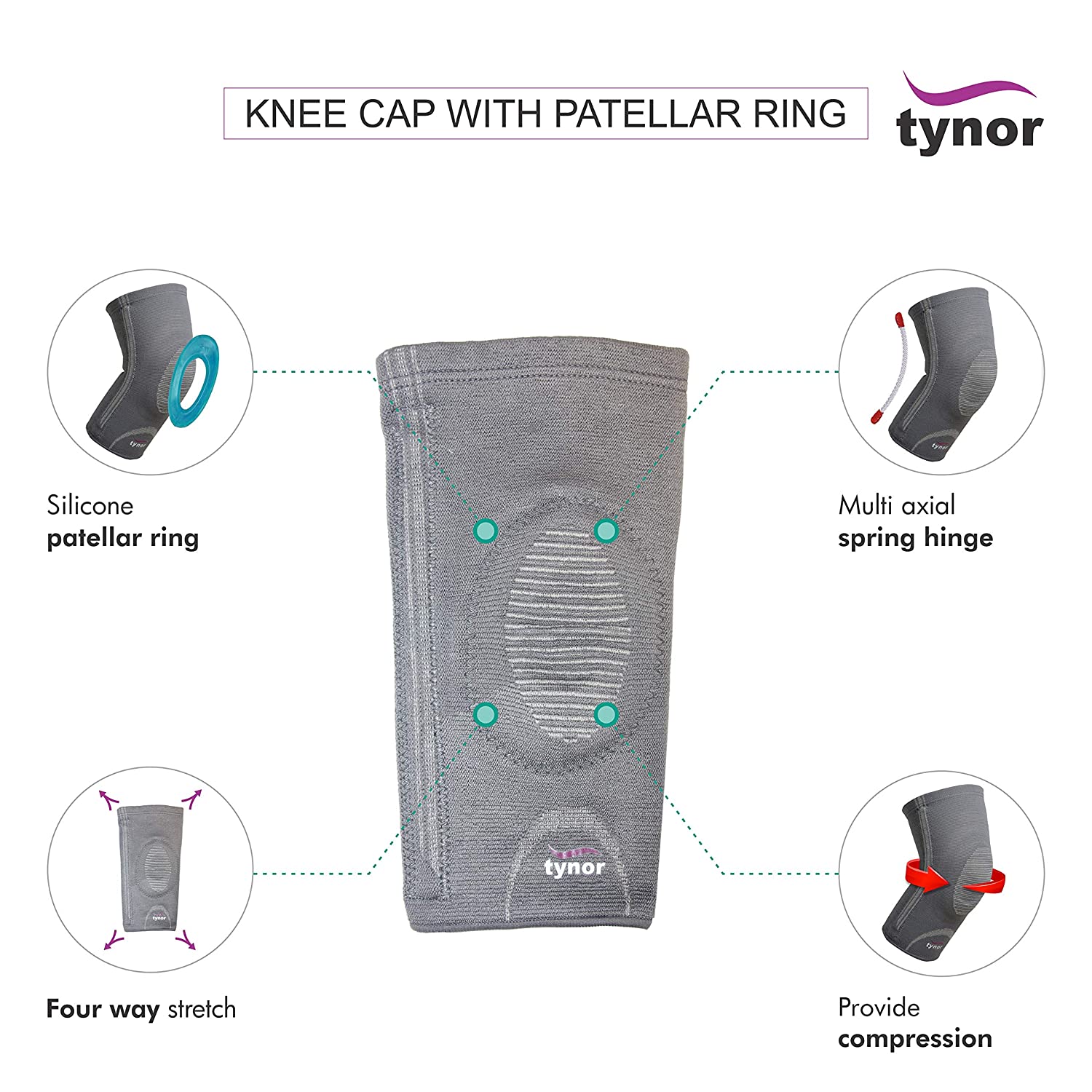 Picture of Tynor Knee Cap with Patellar Ring Relieves Pain,3D wovenPatellar Support,Uniform CompressionComfortable,Anti Slip ASH