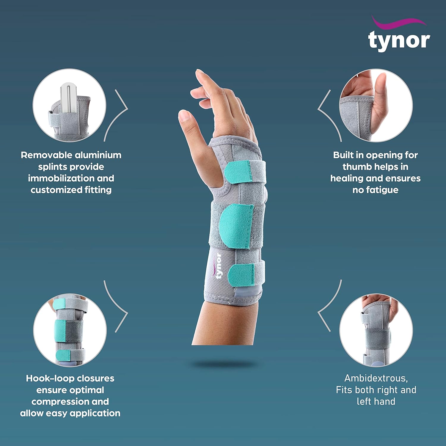 Picture of TYNOR Wrist Splint Ambidextros, Injury Recovery & Support for Men & Women | Adjustable & Comfortable Fit, Ambidextrous Design for Pain Relief, Sprains, Fractures & Arthritis Multicolor