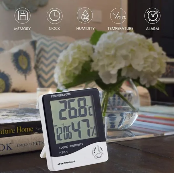 Picture of HTC-1 Room Thermometer with Humidity Incubator Meter and Accurate Temperature Indicator Wall Mounting LCD Digital Clock Monitor for Indoor/Outdoor (White)