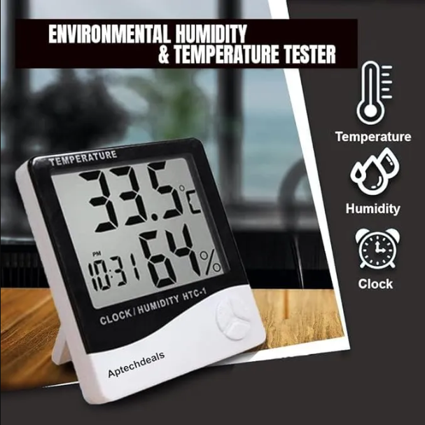 Picture of HTC-1 Room Thermometer with Humidity Incubator Meter and Accurate Temperature Indicator Wall Mounting LCD Digital Clock Monitor for Indoor/Outdoor (White)