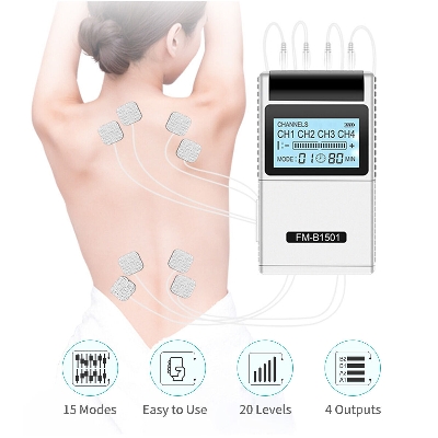 Picture of TENS EMS Muscle Stimulator 15 Modes 4 Outputs 8 Pads Pain Relief Electric Pulse Impulse Massager Machine Electrotherapy Machine Silver