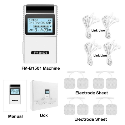 Picture of TENS EMS Muscle Stimulator 15 Modes 4 Outputs 8 Pads Pain Relief Electric Pulse Impulse Massager Machine Electrotherapy Machine Silver