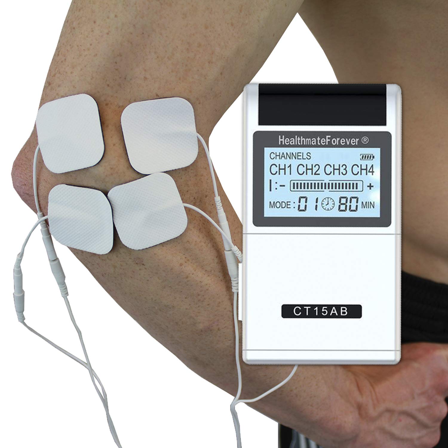 Picture of TENS EMS Muscle Stimulator 15 Modes 4 Outputs 8 Pads Pain Relief Electric Pulse Impulse Massager Machine Electrotherapy Machine Silver