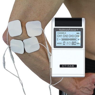 Picture of TENS EMS Muscle Stimulator 15 Modes 4 Outputs 8 Pads Pain Relief Electric Pulse Impulse Massager Machine Electrotherapy Machine Silver