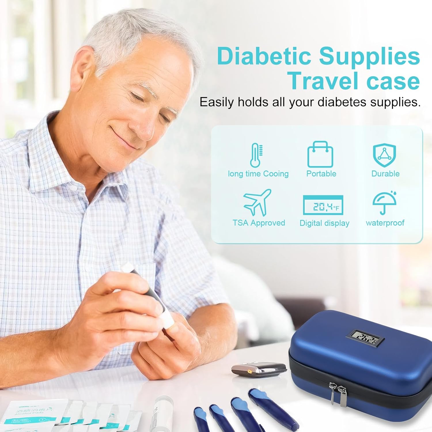 Picture of Cooler Travel Case TSA Approved Medication Diabetic Cooler For Travel With Thermometer Temperature Display Refrigerated Medicine Organizer Bag With 2 Ice Pack Blue