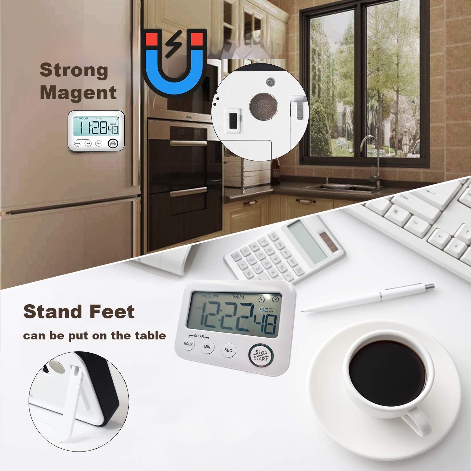Picture of Kitchen Timer, Alarm Clock, Multifunctional Digital Cooking Timer with Large LCD Display, Magnetic Stopwatch, Timer with Clock, Alarm Clock, Magnet Multicolor