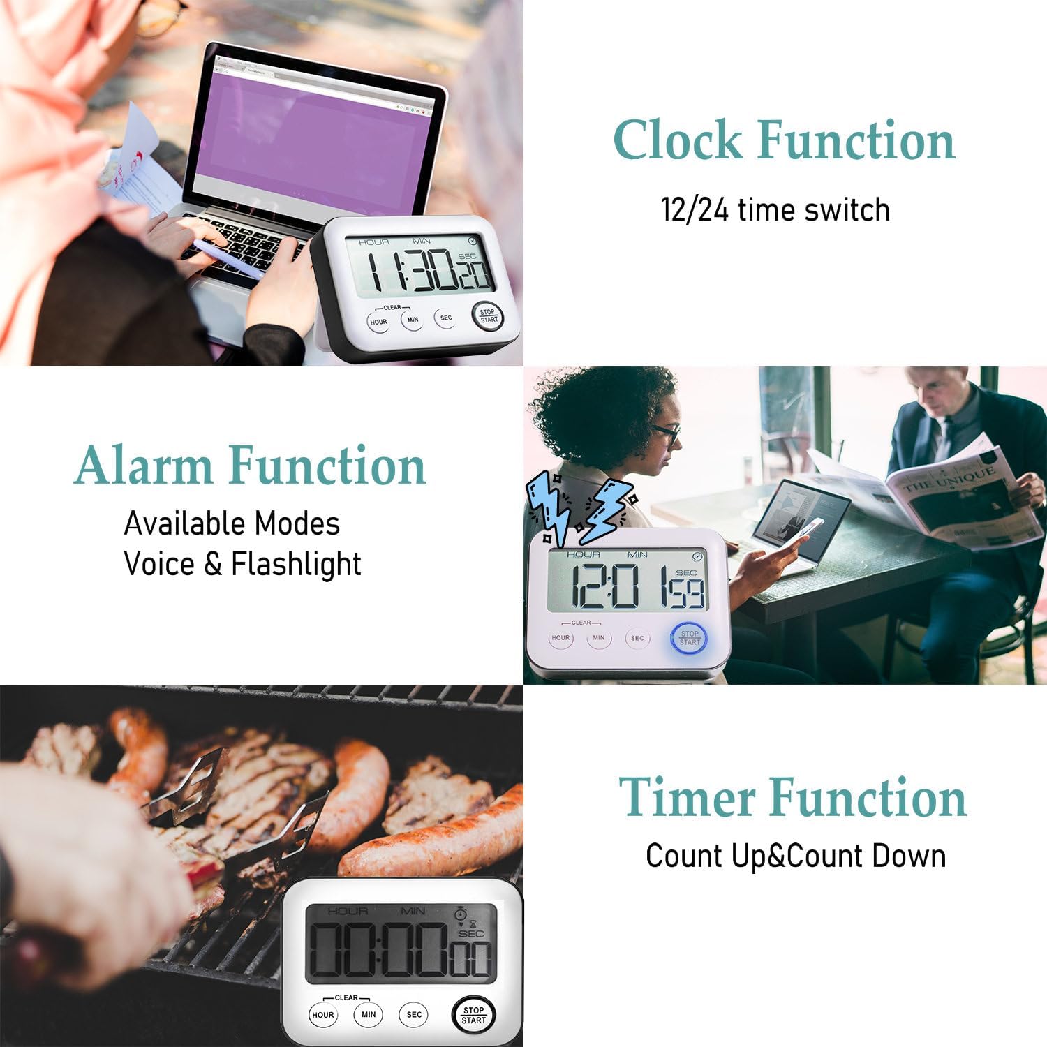 Picture of Kitchen Timer, Alarm Clock, Multifunctional Digital Cooking Timer with Large LCD Display, Magnetic Stopwatch, Timer with Clock, Alarm Clock, Magnet Multicolor
