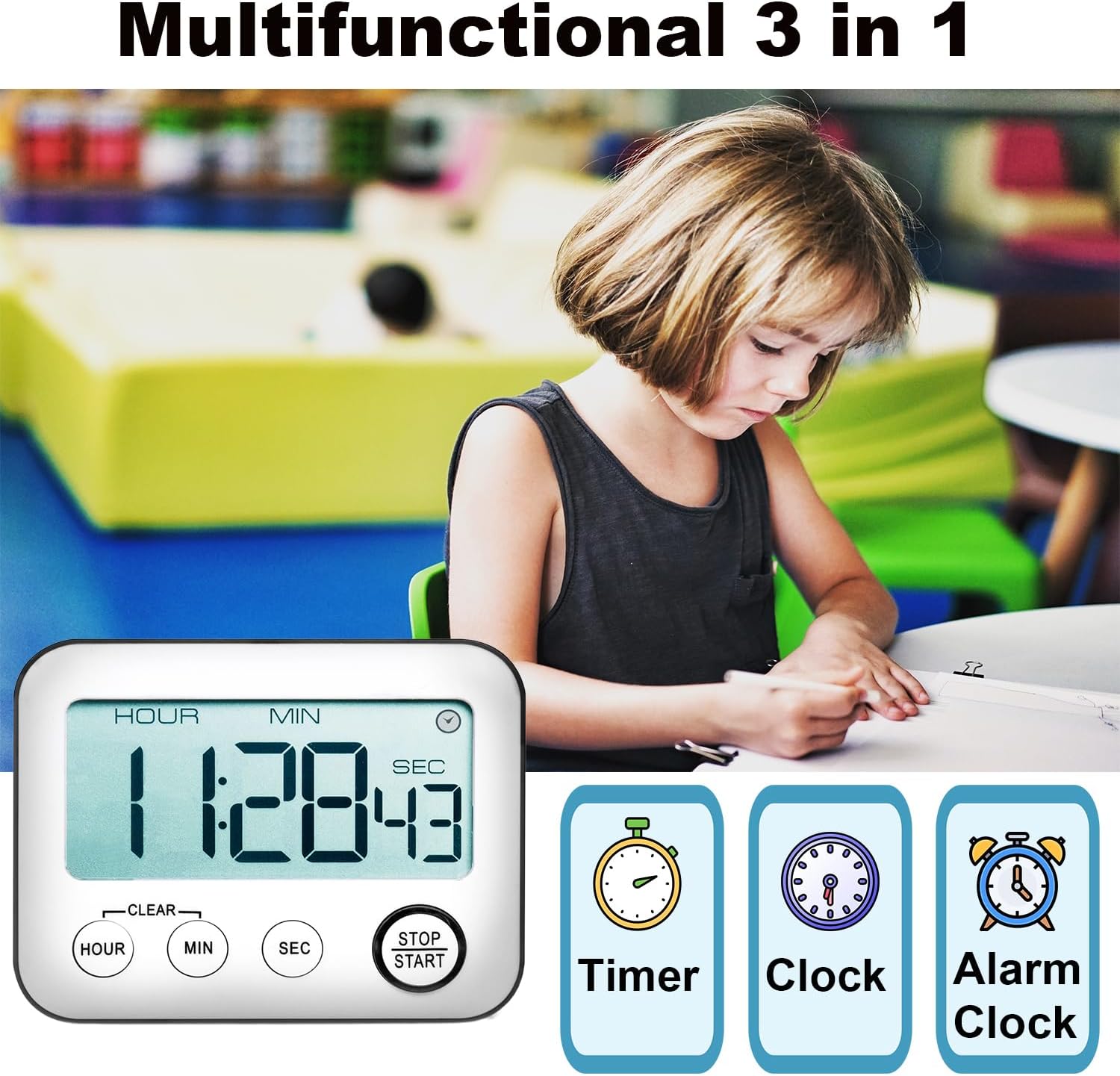 Picture of Kitchen Timer, Alarm Clock, Multifunctional Digital Cooking Timer with Large LCD Display, Magnetic Stopwatch, Timer with Clock, Alarm Clock, Magnet Multicolor