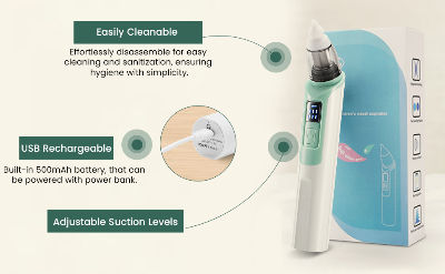 Picture of Rechargeable Baby Nose Cleaner Silicone Adjustable Suction Electric Child Nasal Aspirator Health Safety Convenient Low Noise Multicolor
