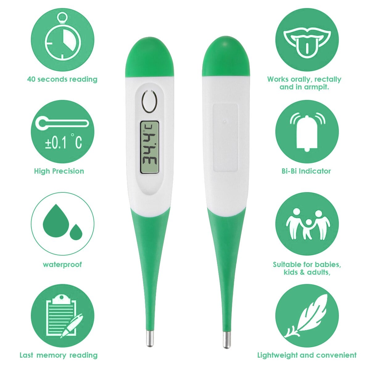 Picture of Digital thermometer with Flexible Tip  Fever Alarm & Beep Function  Waterproof & 10 seconds Fast Reading for Kids & Adults (Green)