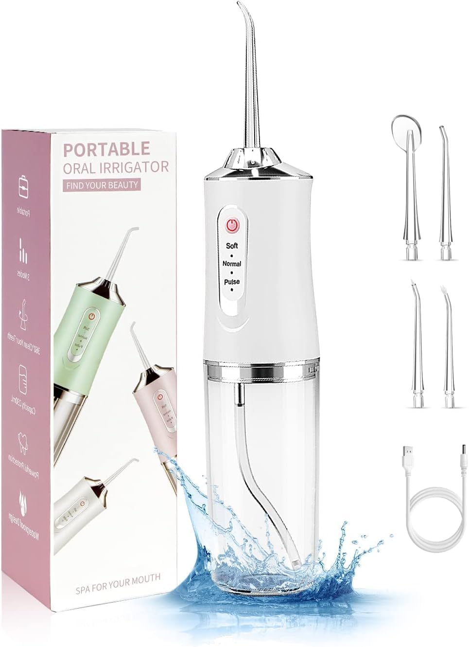 Picture of Water Dental Flosser Teeth Picks - 4 Jets 3 Modes Portable Cordless Water Flosser for Teeth Cleaner, IPX7 Waterproof Oral Irrigator Rechargeable for Travel Home,Gums, Braces Care White
