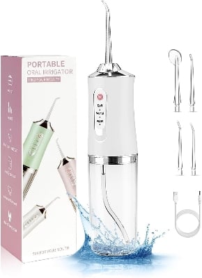Picture of Water Dental Flosser Teeth Picks - 4 Jets 3 Modes Portable Cordless Water Flosser for Teeth Cleaner, IPX7 Waterproof Oral Irrigator Rechargeable for Travel Home,Gums, Braces Care White