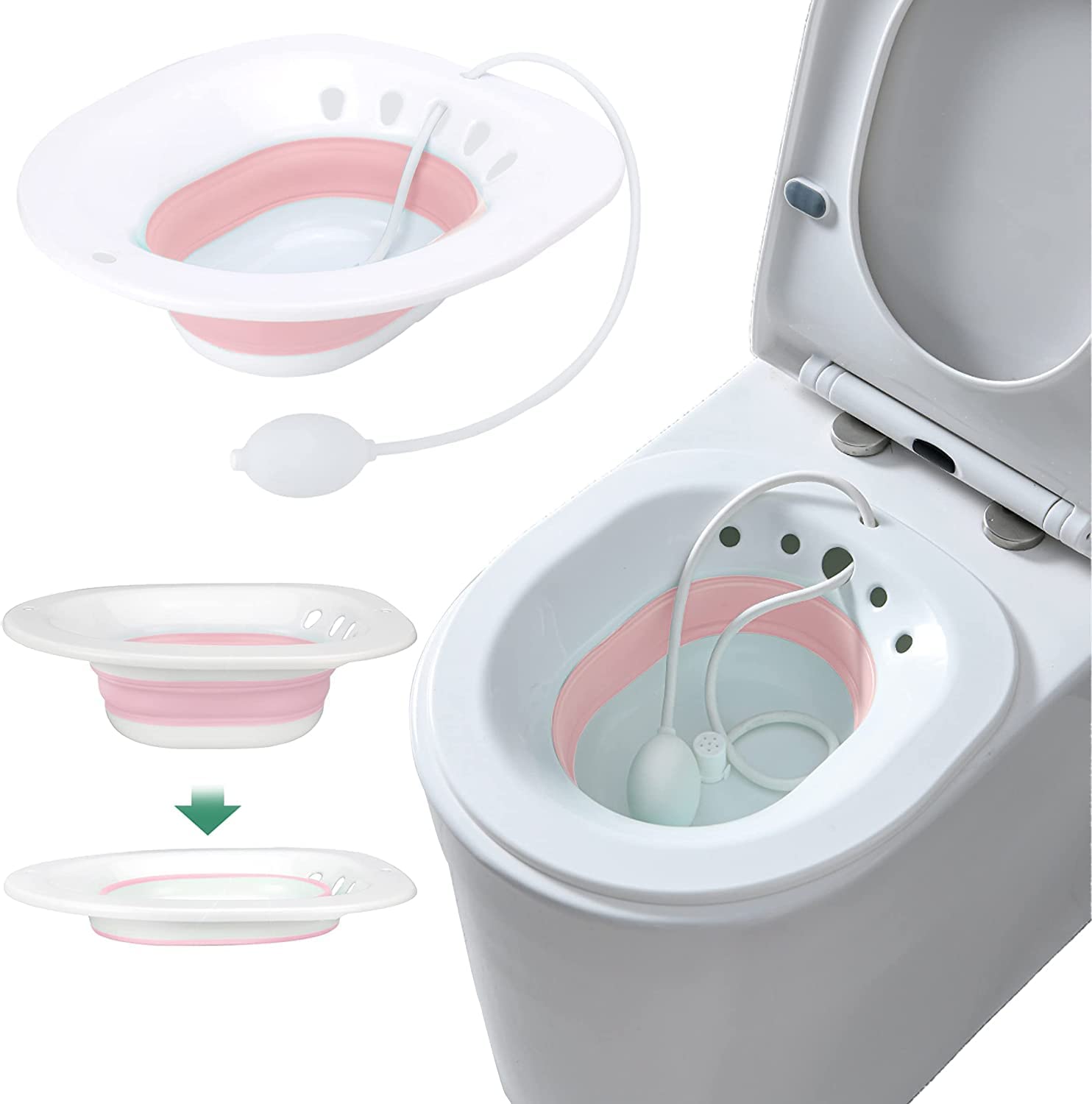 Picture of Sitz Bath, Sitz Bath for Hemorrhoids, Sitz Bath for Toilet Seat, Postpartum Care, Sits Bath Kit for Women, Collapsible, Flusher Hose, Drain Holes, Wider Seating Area, Deeper Bowl Multicolor