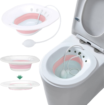 Picture of Sitz Bath, Sitz Bath for Hemorrhoids, Sitz Bath for Toilet Seat, Postpartum Care, Sits Bath Kit for Women, Collapsible, Flusher Hose, Drain Holes, Wider Seating Area, Deeper Bowl Multicolor