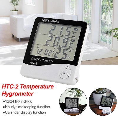 Picture of HTC-2 Digital Indoor/Outdoor Thermo-hygrometer Temperature Humidity Meter with Time/Clock Home & Industrial Room Temperature White