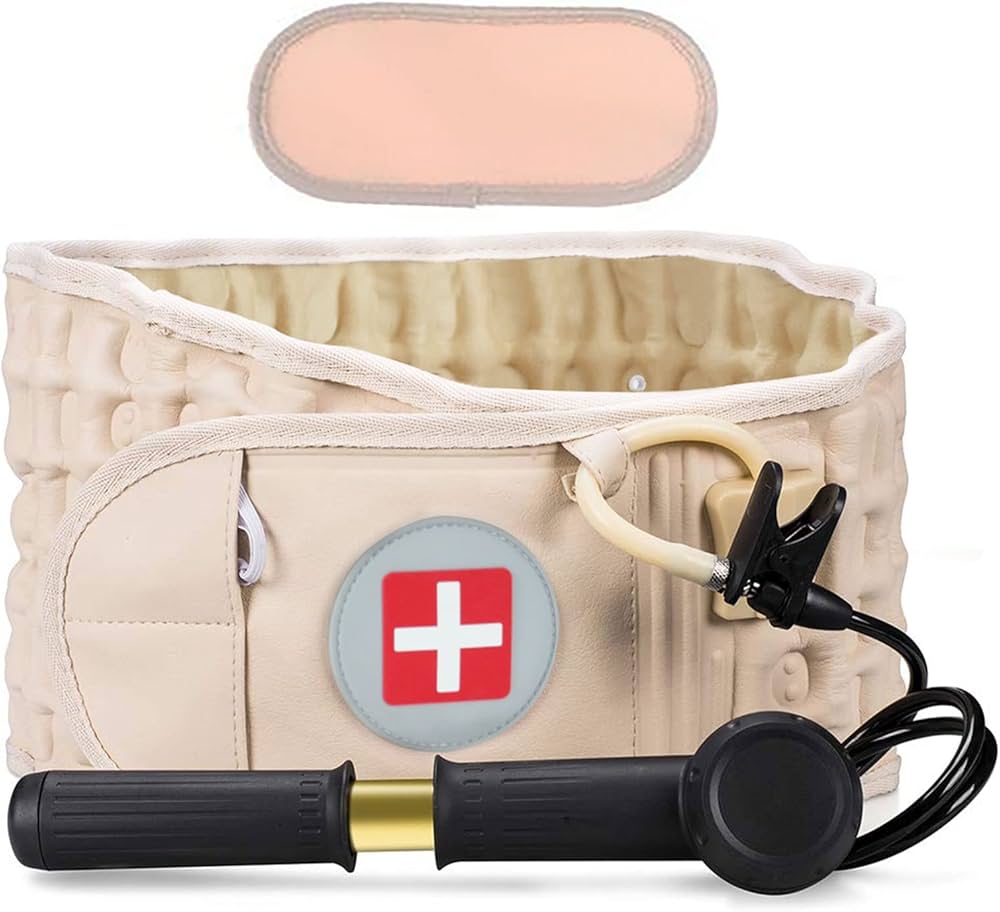 Picture of Decompression Back Belt Inflatable Lower Back Brace for Low Back Pain Relief Lumbar Traction Device with Hand Pump, One Size Fits 29-49 Waist Beige
