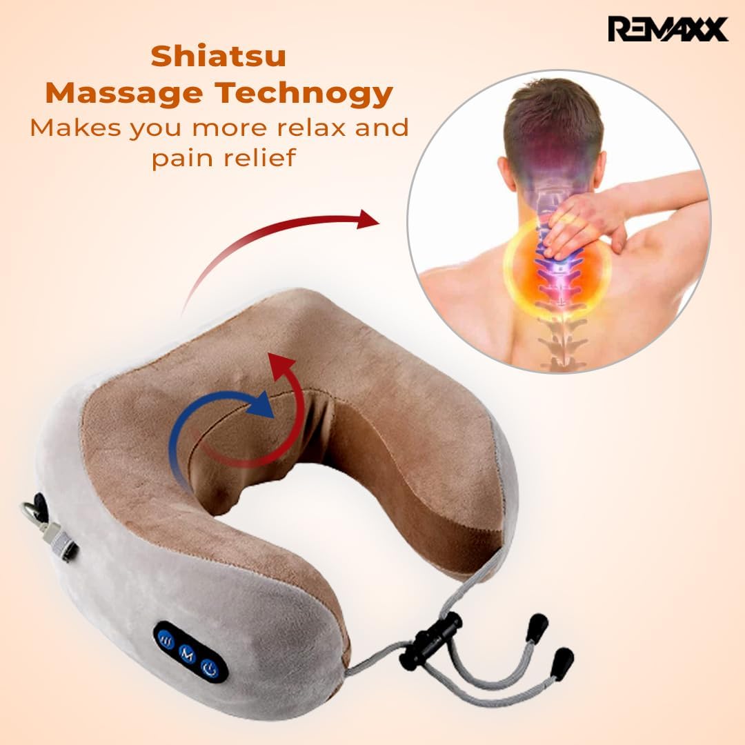 Picture of Travel Neck Pillow Electric Massager Memory Foam Pillow for Cervical Pain Relief with 3 Massage Mode/Rechargeable,Wireless Neck Pillow for Air Travel,Car,Home and etc Multicolor
