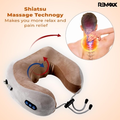 Picture of Travel Neck Pillow Electric Massager Memory Foam Pillow for Cervical Pain Relief with 3 Massage Mode/Rechargeable,Wireless Neck Pillow for Air Travel,Car,Home and etc Multicolor