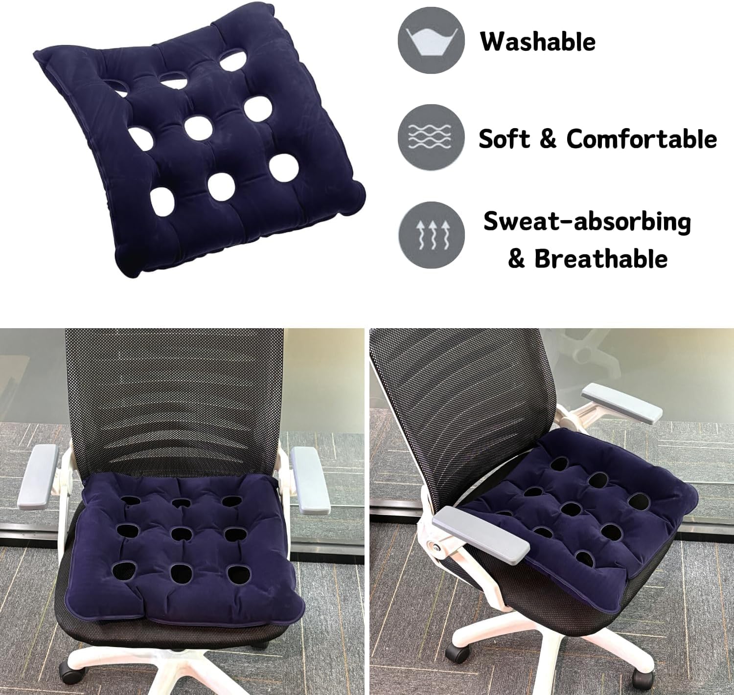 Picture of Pressure Relief Cushion for Prevention Sores, Inflatable Seat Air Cushions for Bottoms Flocking 16 Holes, Square Cushion Anti Bedsore with Bonus Air Pump for Wheelchair Office Chair Car Navy Blue