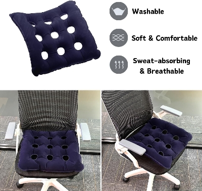 Picture of Pressure Relief Cushion for Prevention Sores, Inflatable Seat Air Cushions for Bottoms Flocking 16 Holes, Square Cushion Anti Bedsore with Bonus Air Pump for Wheelchair Office Chair Car Navy Blue